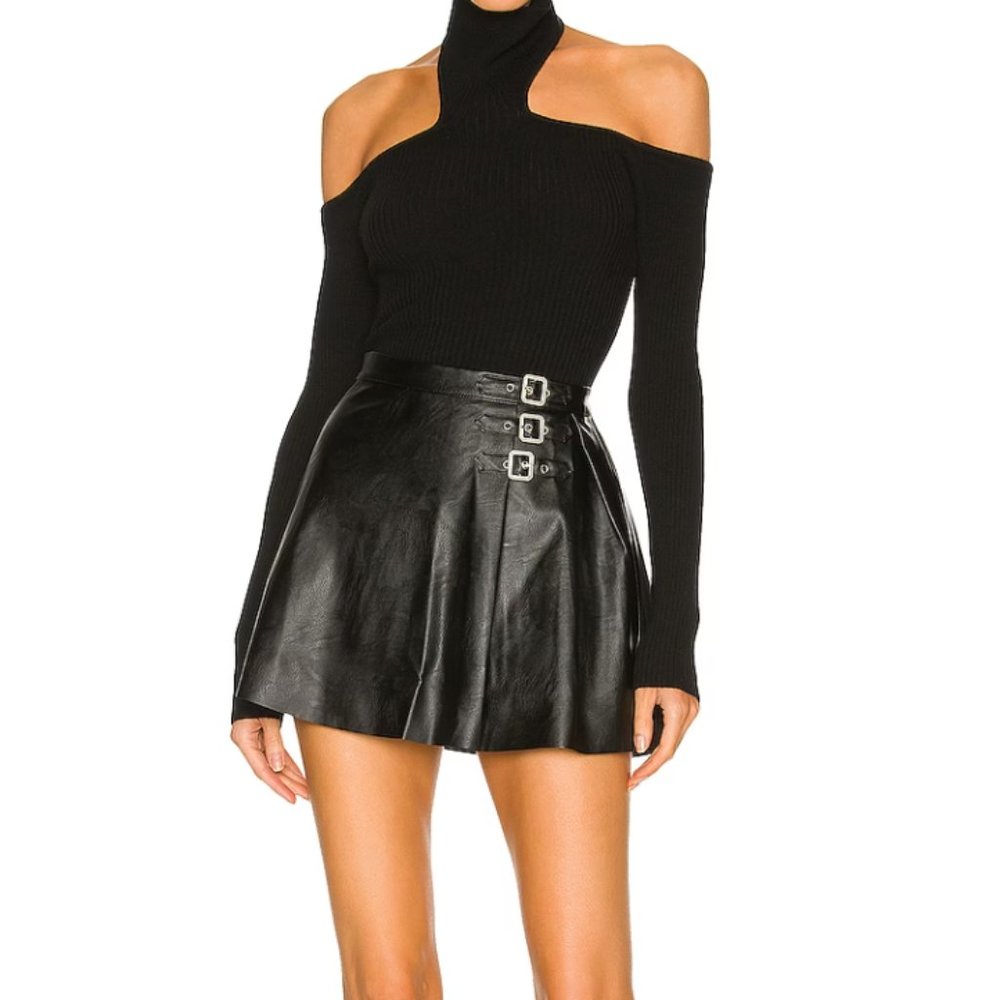 Revolve Superdown Faux Black Leather Silver Buckled Pleated Mini Skirt